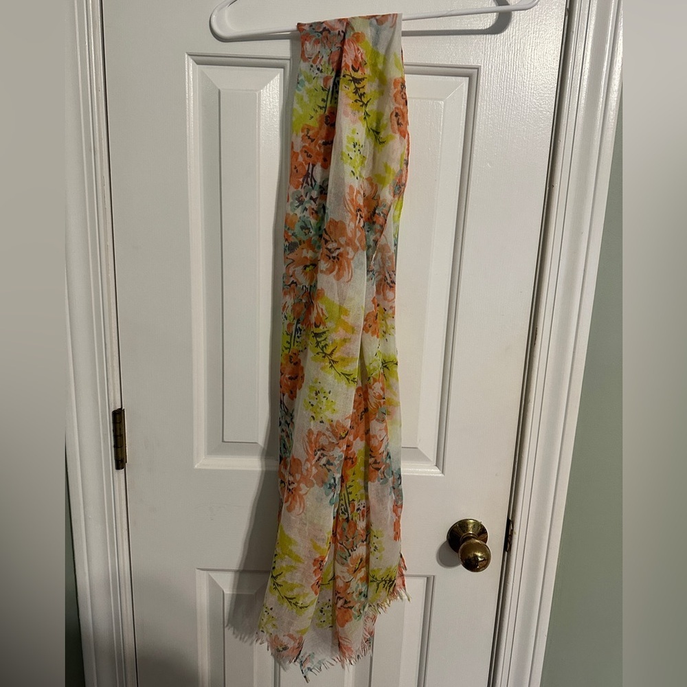 Floral Print Scarf with Orange and Green Accents - Picture 5 of 7